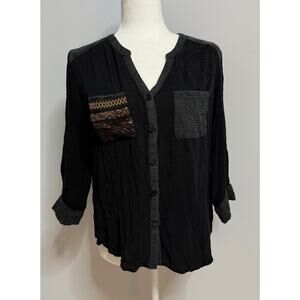 Miss Me Beaded Top Size Embellished Black Pocket 100% Rayon Button Back Med Y2K